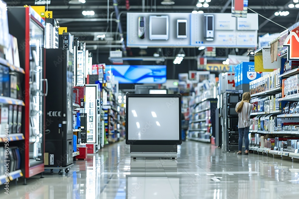 Megastore electronics aisle with a medium-sized blank display screen. Megastore electronics aisle with a medium-sized blank display screen.