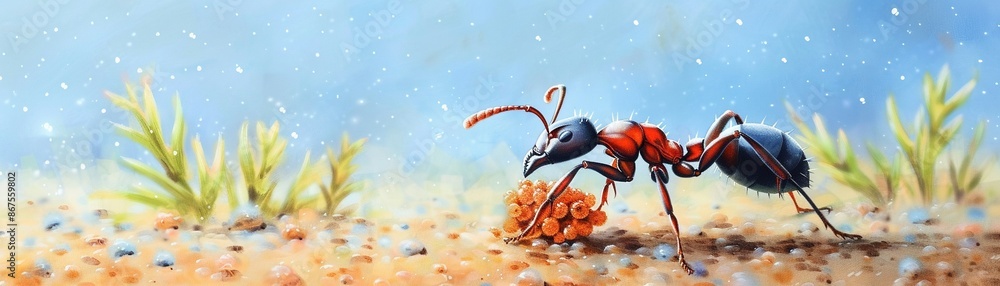 Naklejka premium Closeup of an ant carrying food crumbs, hyperrealistic detail, brown and black tones, watercolor style
