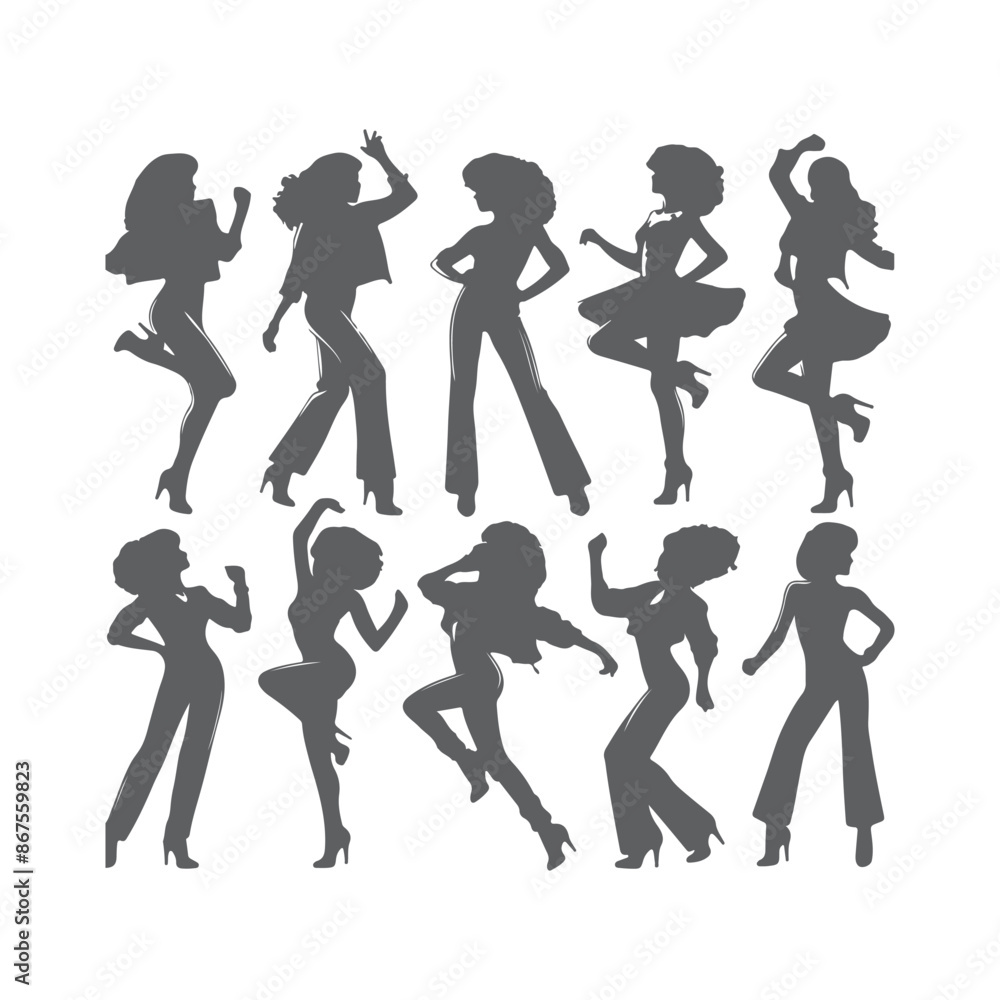 Silhouettes of three retro dancing woman, funk, soul and disco music - 60s, 70s style, Posing disco dancers isolated on white background. Hetero couple in party 1970s style clothing. Silhouettes of three retro dancing woman, funk, soul and disco music - 60s, 70s style, Posing disco dancers isolated on white background. Hetero couple in party 1970s style clothing.