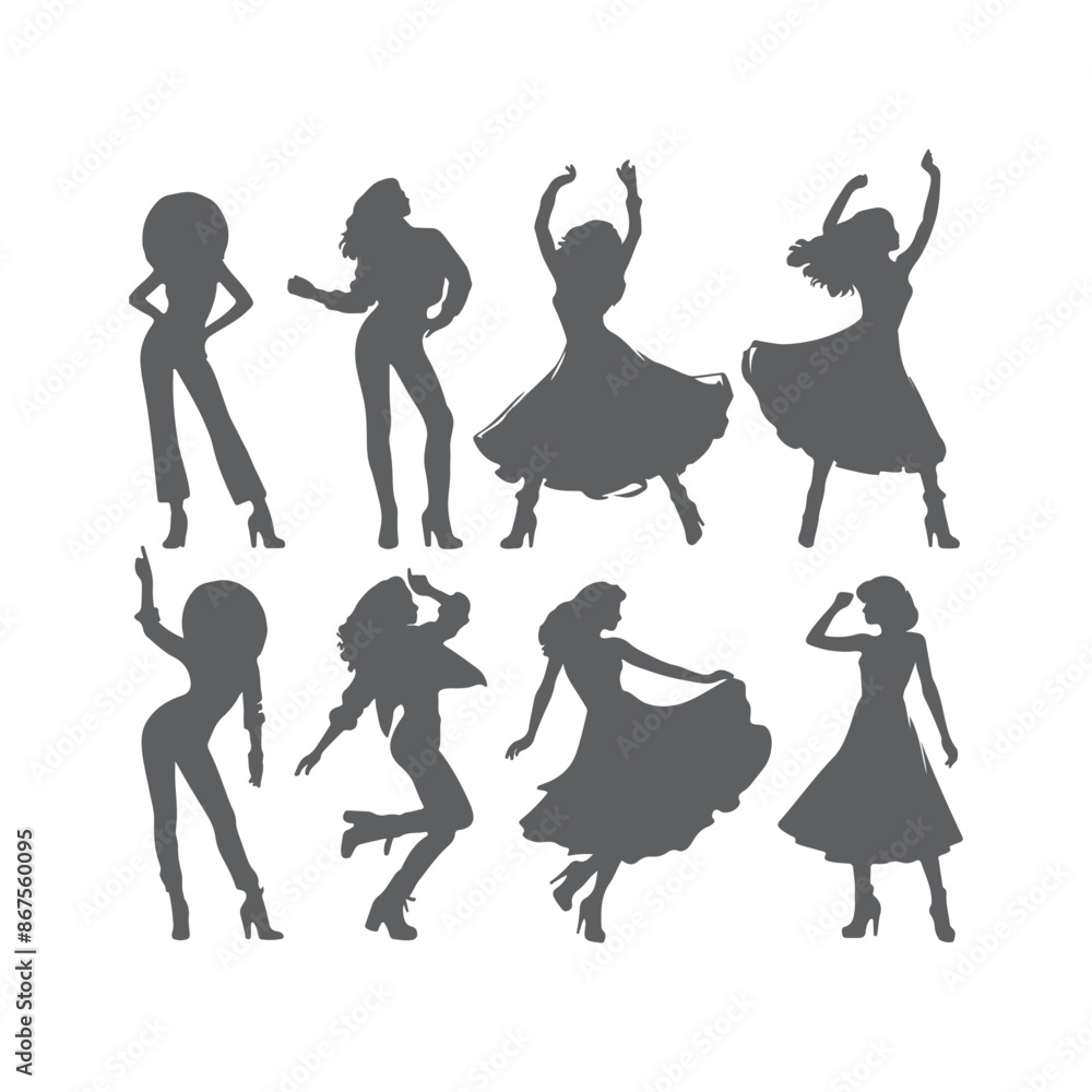 Obraz premium Silhouettes of three retro dancing woman, funk, soul and disco music - 60s, 70s style, Posing disco dancers isolated on white background. Hetero couple in party 1970s style clothing.