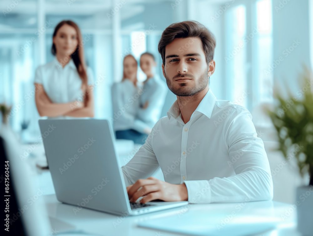 Young man in white shirt working on laptop with colleagues in the background, professional office setting, concept of teamwork. Generative AI Young man in white shirt working on laptop with colleagues in the background, professional office setting, concept of teamwork. Generative AI