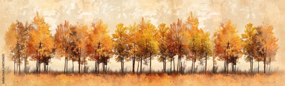 Fototapeta premium Autumnal Forest Scene with Vibrant Orange and Yellow Trees