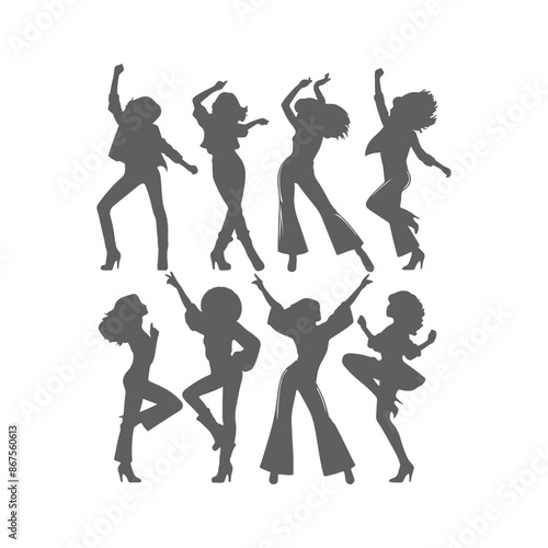 Silhouettes of three retro dancing woman, funk, soul and disco music - 60s, 70s style, Posing disco dancers isolated on white background. Hetero couple in party 1970s style clothing.