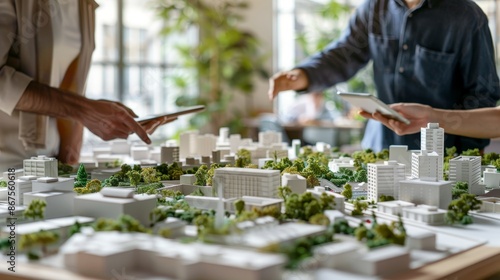 Urban Innovation Architectural Team Collaborating on City Model in Bright Workspace