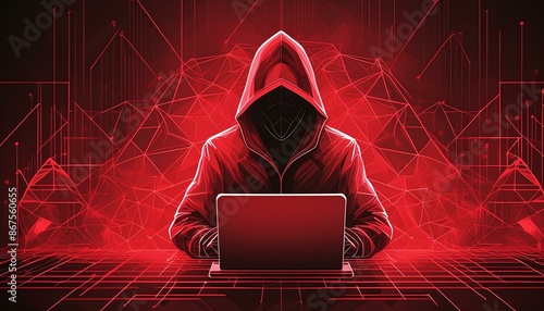 Hacker in a hoodie Using Laptop with Digital Polygonal Hack in Red