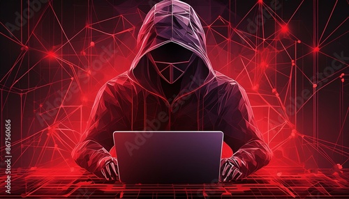 Hacker in a hoodie Using Laptop with Digital Polygonal Hack in Red