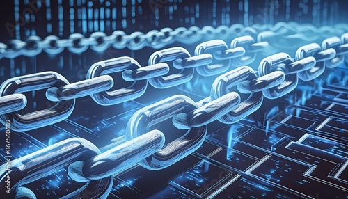 Digital Blockchain Technology with Glowing Blue Chains