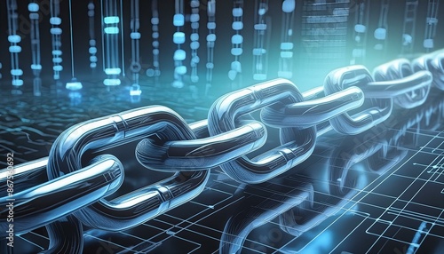 Digital Blockchain Technology with Glowing Blue Chains