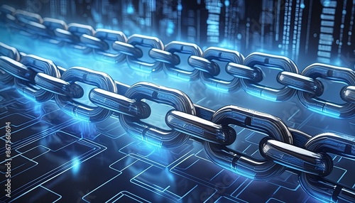 Digital Blockchain Technology with Glowing Blue Chains