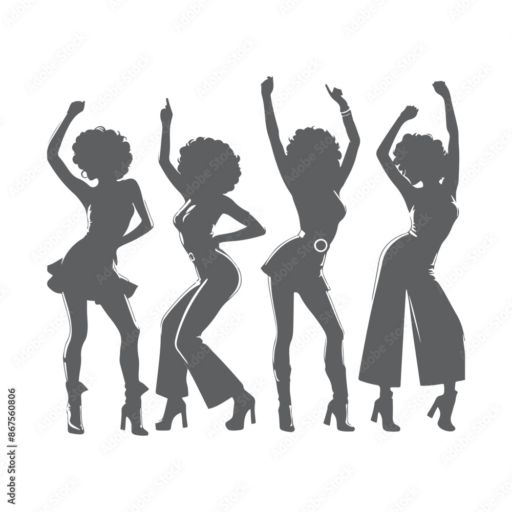 Φωτογραφία Silhouettes of three retro dancing woman, funk, soul and disco music - 60s, 70s style, Posing disco dancers isolated on white background