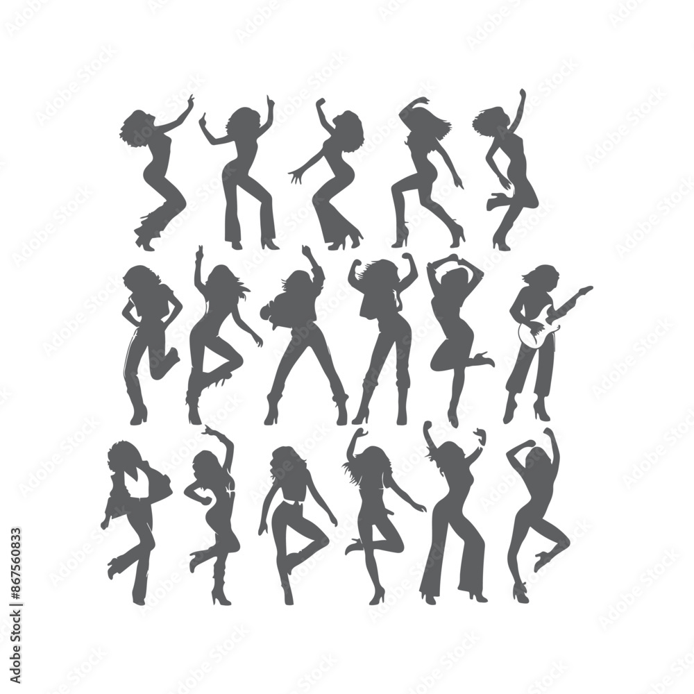 Silhouettes of three retro dancing woman, funk, soul and disco music - 60s, 70s style, Posing disco dancers isolated on white background. Hetero couple in party 1970s style clothing. Silhouettes of three retro dancing woman, funk, soul and disco music - 60s, 70s style, Posing disco dancers isolated on white background. Hetero couple in party 1970s style clothing.