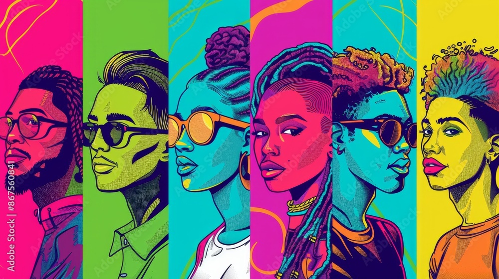 Pop art style illustration of diverse individuals with unique features in bright contrasting colors. Comic book aesthetics celebrating inclusivity and unity. Design for poster, print, and banner Pop art style illustration of diverse individuals with unique features in bright contrasting colors. Comic book aesthetics celebrating inclusivity and unity. Design for poster, print, and banner