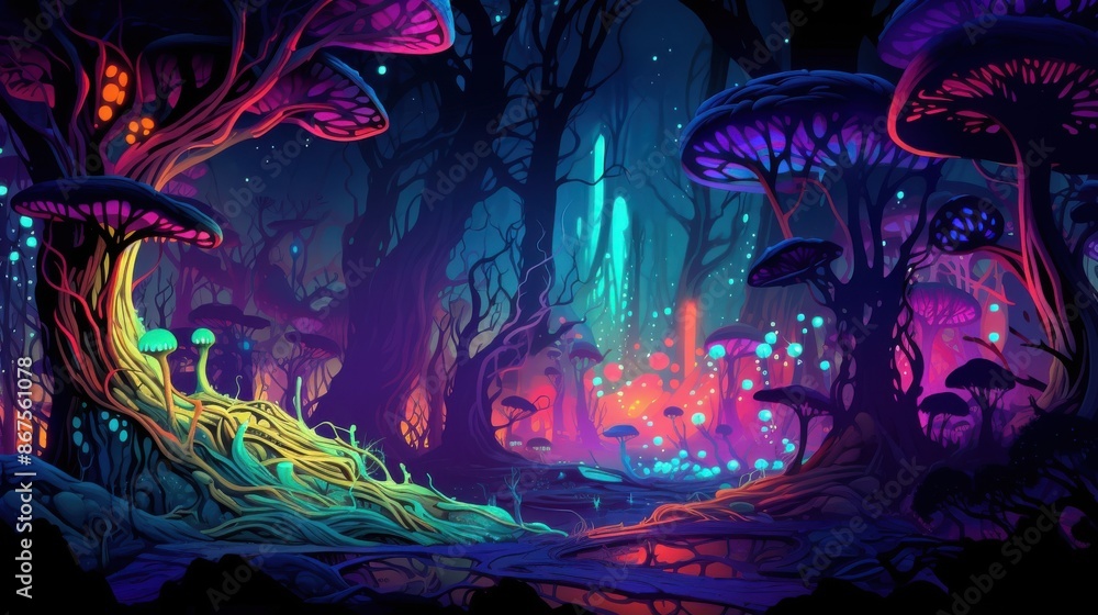 Fototapeta premium Neon Glowing Mushroom Forest Landscape, Fantasy Background