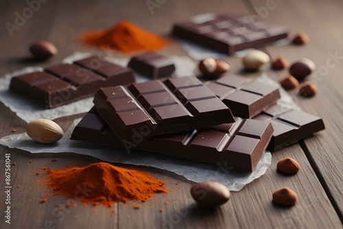 Broken chokolate bars and spices on a wooden table photo