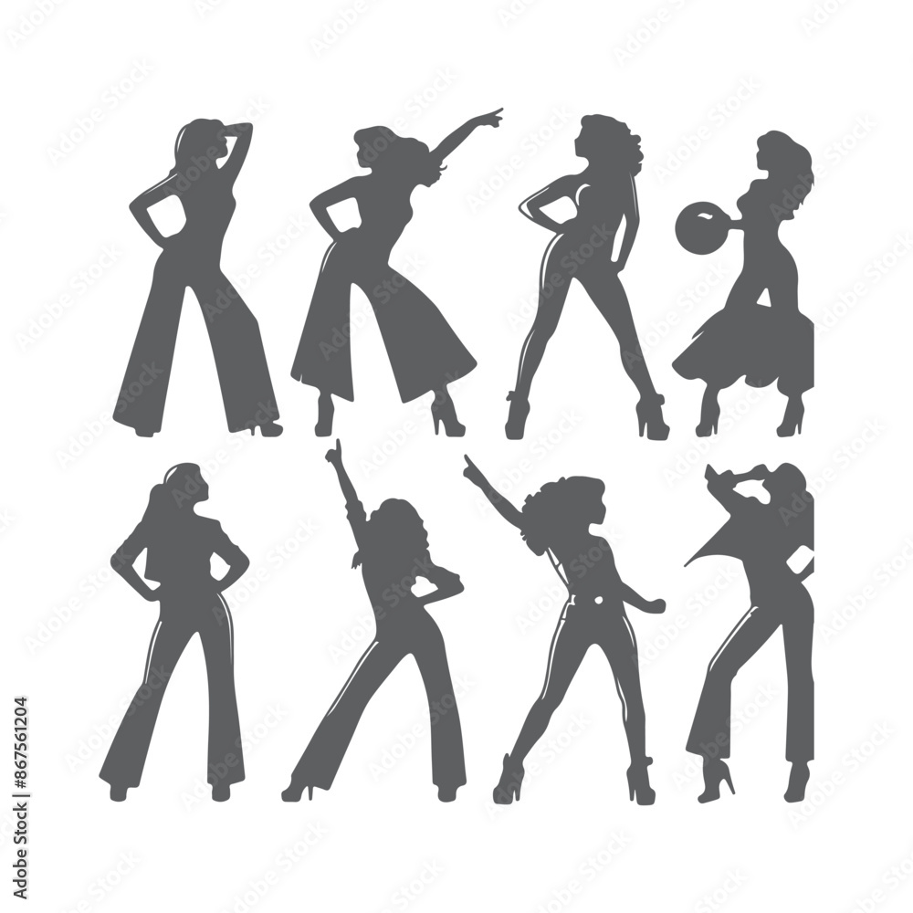 Fototapeta premium Silhouettes of three retro dancing woman, funk, soul and disco music - 60s, 70s style, Posing disco dancers isolated on white background. Hetero couple in party 1970s style clothing.