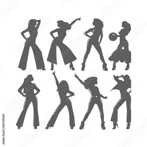 Silhouettes of three retro dancing woman, funk, soul and disco music - 60s, 70s style, Posing disco dancers isolated on white background. Hetero couple in party 1970s style clothing.