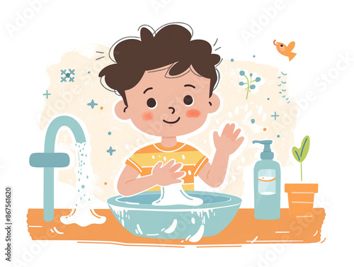 Child washes hands of art illustration, AI generated