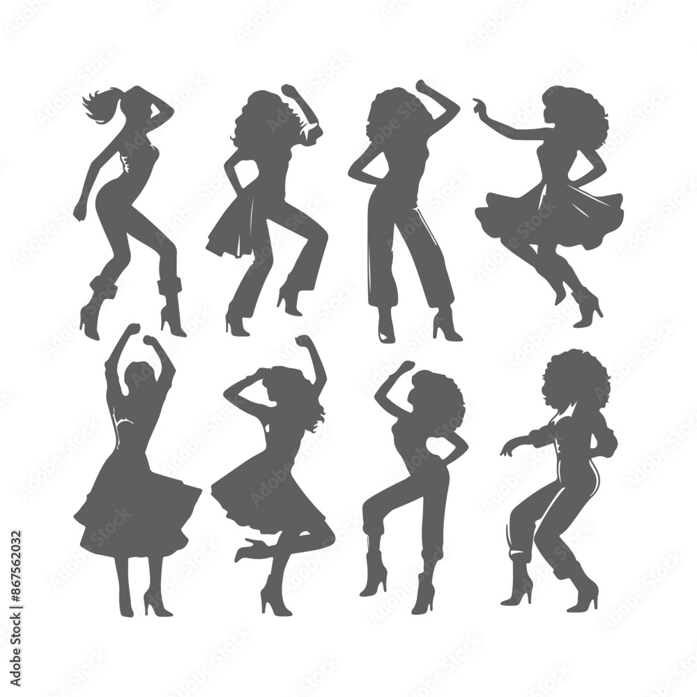 Silhouettes of three retro dancing woman, funk, soul and disco music - 60s, 70s style, Posing disco dancers isolated on white background. Hetero couple in party 1970s style clothing. Silhouettes of three retro dancing woman, funk, soul and disco music - 60s, 70s style, Posing disco dancers isolated on white background. Hetero couple in party 1970s style clothing.