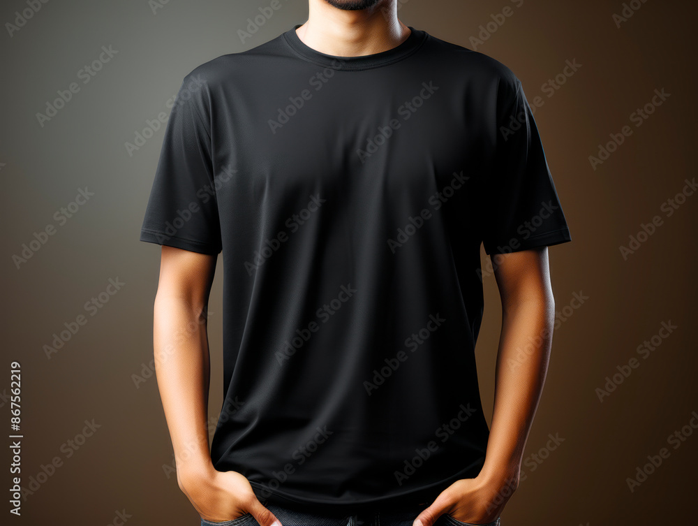 A person wearing a blank black t-shirt, ideal for design mockups, against a neutral background, highlighting a clean layout concept. Generative AI A person wearing a blank black t-shirt, ideal for design mockups, against a neutral background, highlighting a clean layout concept. Generative AI