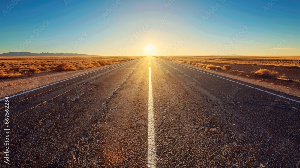 Naklejka premium Desert Highway at Sunrise: Empty Road Leading to the Horizon