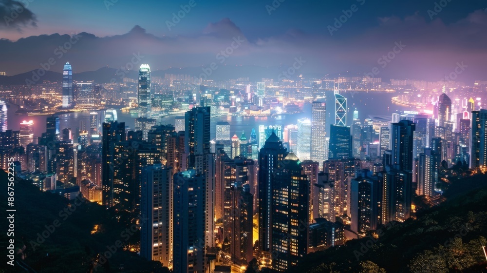 Fototapeta premium Vibrant Night Cityscape with Skyscrapers and Lights