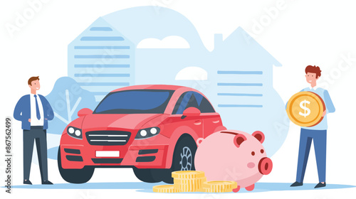 People with piggy bank. Two men near piggy bank with car