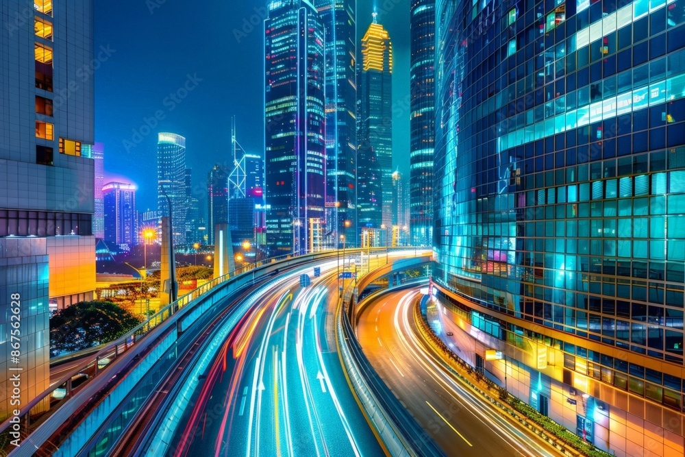 Vibrant Cityscape at Night with Curved Highway and Skyscrapers Vibrant Cityscape at Night with Curved Highway and Skyscrapers