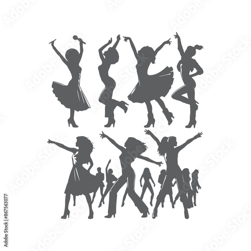 Silhouettes of three retro dancing woman, funk, soul and disco music - 60s, 70s style, Posing disco dancers isolated on white background. Hetero couple in party 1970s style clothing.