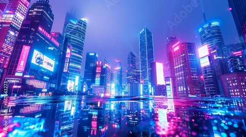 Wallpaper Mural Vibrant Cityscape at Night with Reflective Surfaces and Neon Lights Torontodigital.ca