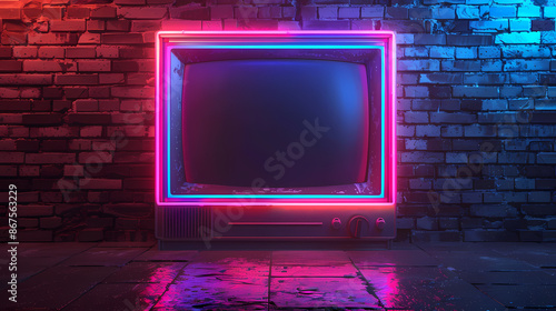 Neon TV hanging on brick wall