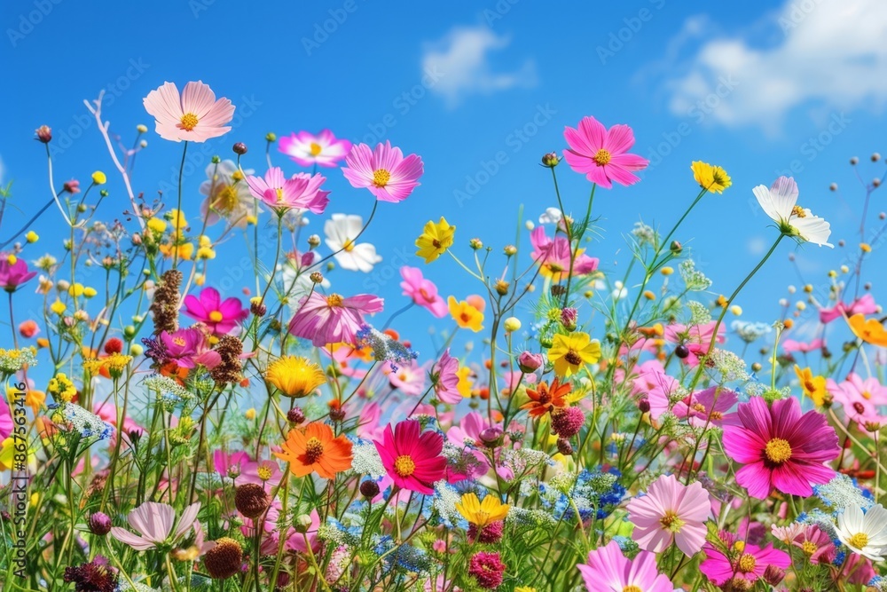 Vibrant Wildflower Field with Pink, Yellow, and White Flowers on a Clear Day Vibrant Wildflower Field with Pink, Yellow, and White Flowers on a Clear Day