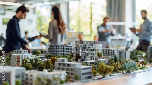 Innovative Architectural Collaboration Modern Design Team Creating Vibrant City Model in Spacious Workspace with Natural Light and Digital Tools