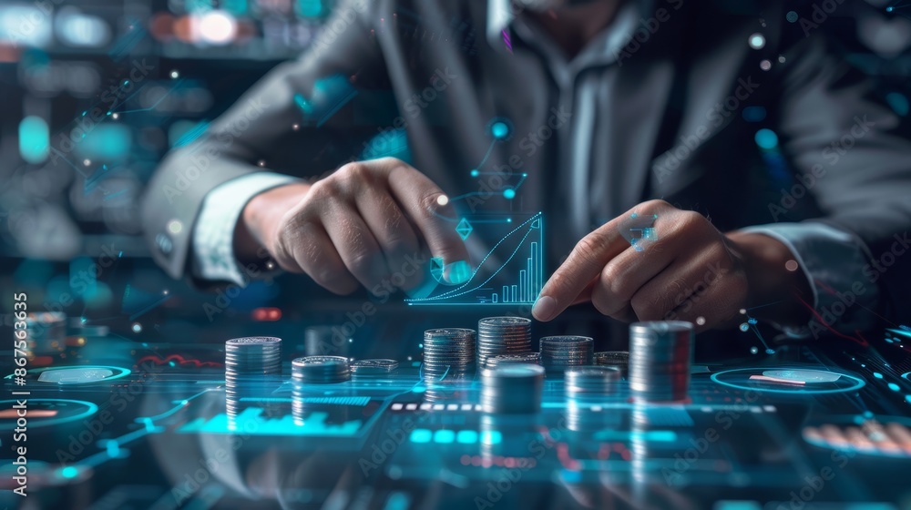 Futureproof Finance Businessperson Engaging with Holographic Chart for Financial Growth Coin Stacks and Digital Data in Blue and Grey Tones Futureproof Finance Businessperson Engaging with Holographic Chart for Financial Growth Coin Stacks and Digital Data in Blue and Grey Tones