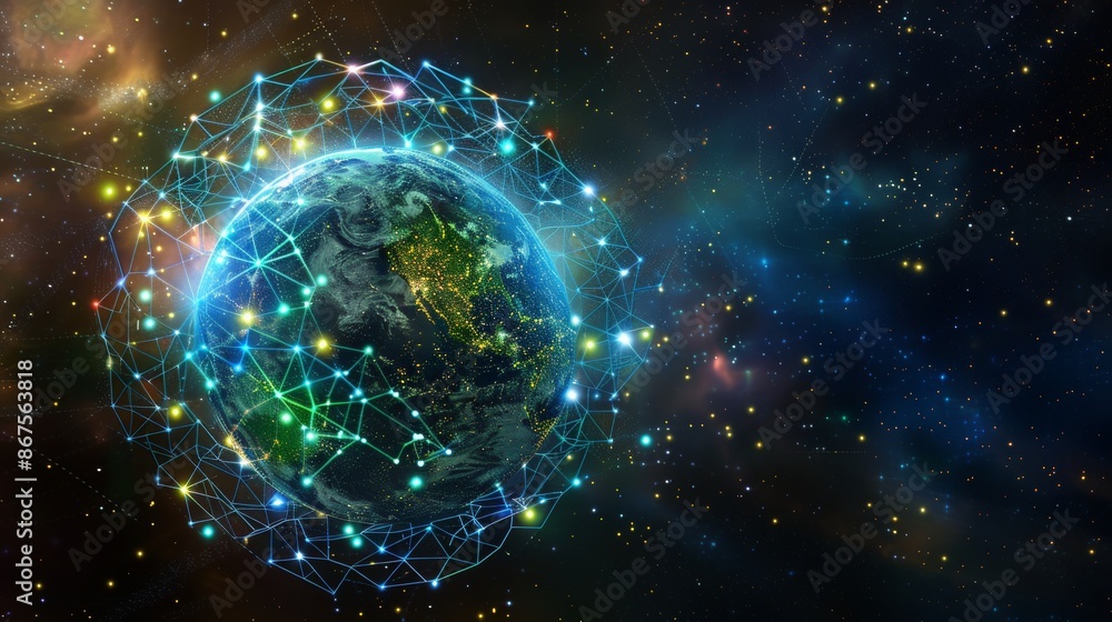 Global Connectivity Stunning Digital Earth Network Illustration in Vibrant Blues and Greens Embracing Advanced Technology and Interconnectedness in a Futuristic Glow Global Connectivity Stunning Digital Earth Network Illustration in Vibrant Blues and Greens Embracing Advanced Technology and Interconnectedness in a Futuristic Glow