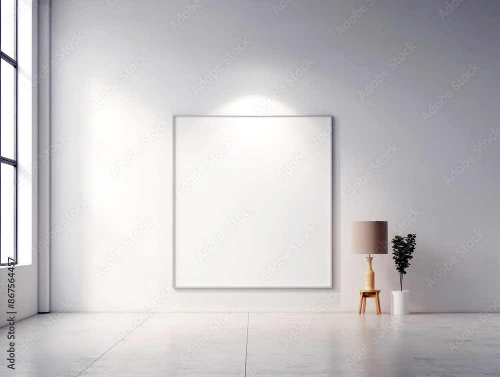 Interior scene with a large blank frame, natural light, white walls, and minimal decor, concept of a mockup. Generative AI Interior scene with a large blank frame, natural light, white walls, and minimal decor, concept of a mockup. Generative AI