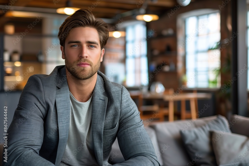 Young Confident Businessman in Casual Attire Sitting in Modern Loft-Style Office
Young Confident Businessman in Casual Attire Sitting in Modern Loft-Style Office