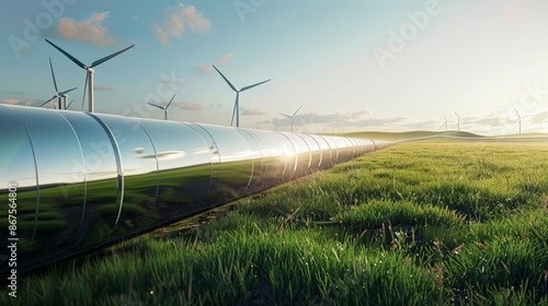 Green Energy Oasis Futuristic Pipeline and Wind Turbines in Serene Meadow