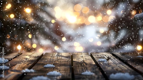 wooden planks with snow cap on light blurred background with Christmas lights and snow falling