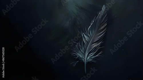 Feather of a bird on a dark background, Silhouette of a white feather abstract artistic