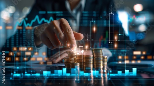Future Finance Businessperson Analyzing Holographic Wealth Chart with Digital Data and Coins Concept of Wealth Management and Growth in Technologydriven Economy