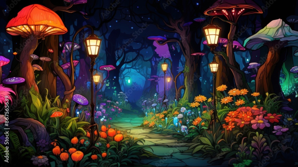 Obraz premium Magical Glowing Mushroom Forest Path at Night, Fantasy Illustration
