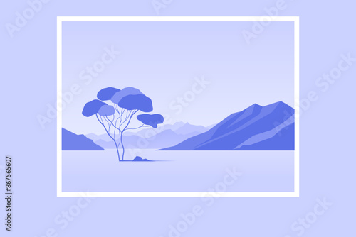 minimalist landscape poster with lonely tree on island against mountain. wild nature scene hand drawn painting. lake and cliffs at twilight art wallpaper for prints and decoration. vector illustration