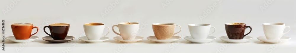 Fototapeta premium Elegant Coffee Cups in a Row: White, Brown, and Orange Ceramic Mugs on White Saucers