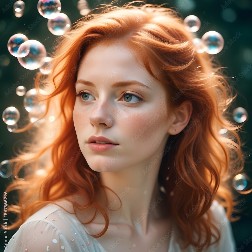 Magical light reflects strokes portrait of a red haired person, motion blur lights, side view, bubbles around her
Magical light reflects strokes portrait of a red haired person, motion blur lights, side view, bubbles around her