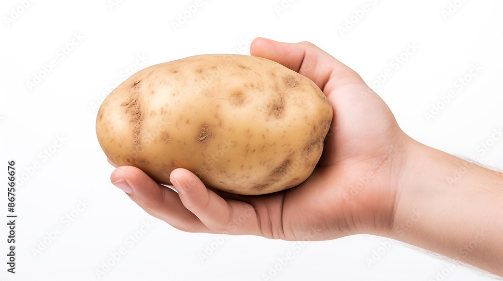 A hand holding a potato against a white background A hand holding a potato against a white background