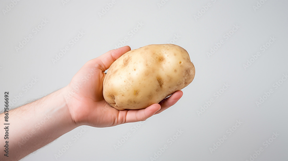 A hand holding a potato against a white background A hand holding a potato against a white background