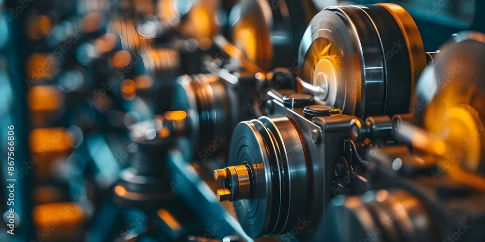 Obraz premium Macro Shot of Rotating Reels on Machine. Concept Rotating Reels, Macro Photography, Industrial Machinery