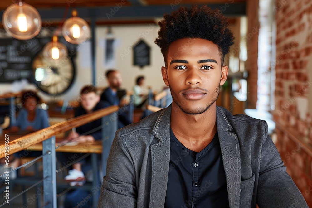 Fototapeta premium Portrait of Young Professional Man with Afro Hairstyle in Modern Café Setting 