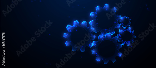 Gear, cog wheel icon. Mechanical engineering gears. Teamwork concept. Blue gears technology. Low polygonal, Glowing wireframe, linear and mesh illustration