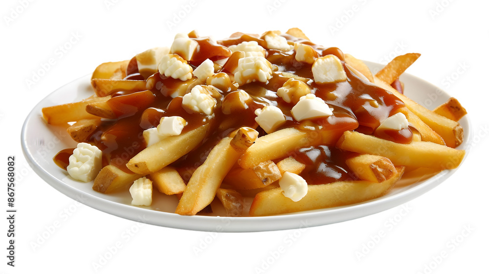 A delicious serving of classic poutine, golden fries smothered in rich gravy and topped with cheese curds, isolated on a transparent background A delicious serving of classic poutine, golden fries smothered in rich gravy and topped with cheese curds, isolated on a transparent background